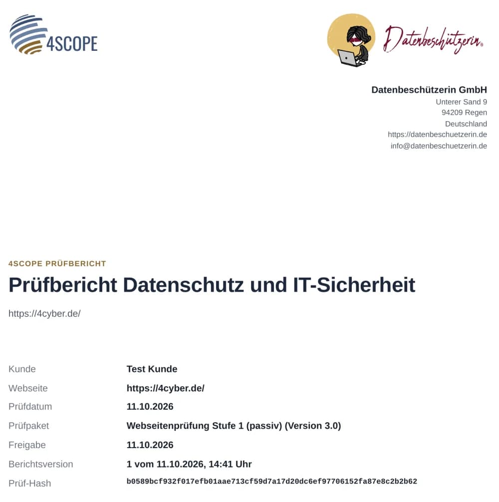 Deckblatt eines 4scope-Prüfberichts mit den Logos von 4scope und der Datenbeschützerin GmbH, geprüfter Website, Prüfdatum, Prüfpaket und Prüf-Hash